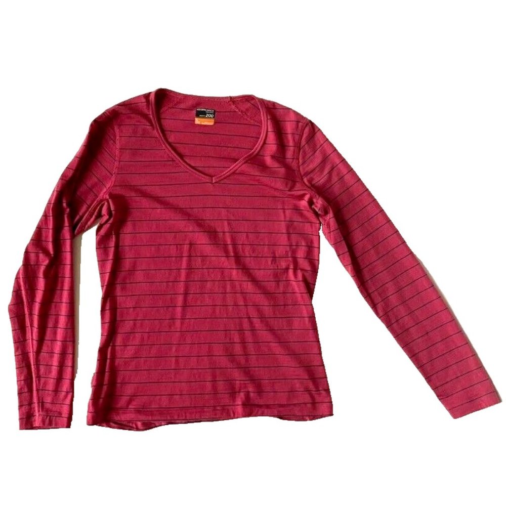 Icebreaker Womens L 200 Merino Bodyfit V-neck Wool Stripe Shirt Long Sleeve pink